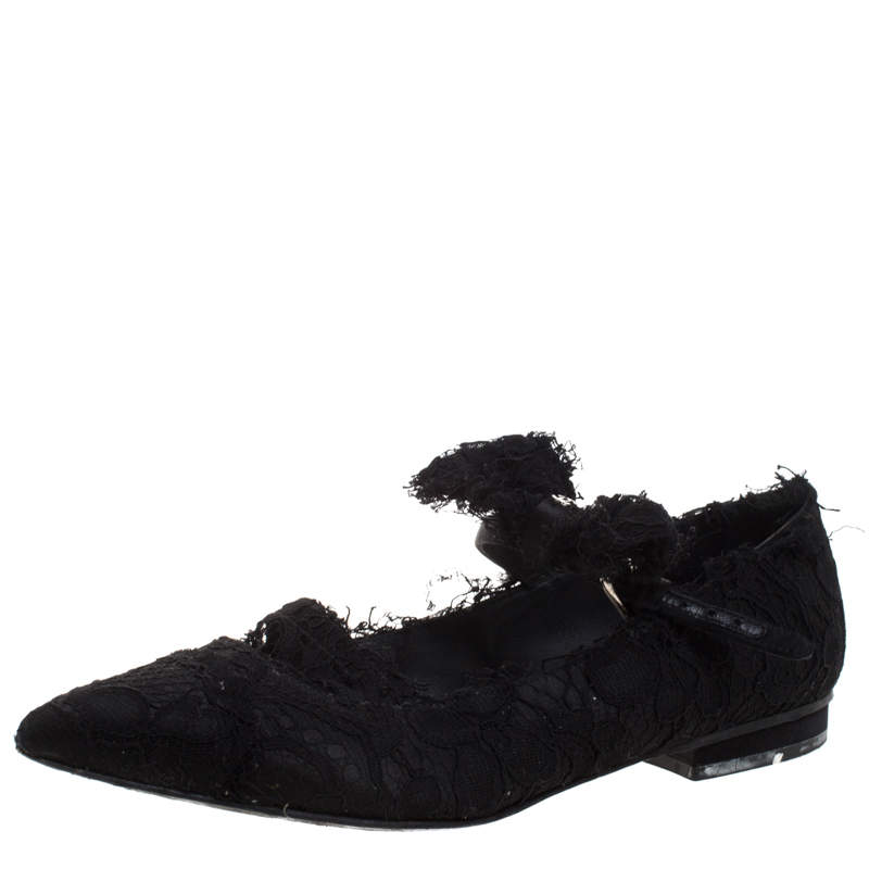 Pre Owned Chanel Black Lace Mary Jane Bow Detail Pointed Toe Ballet Flats Size 35.5