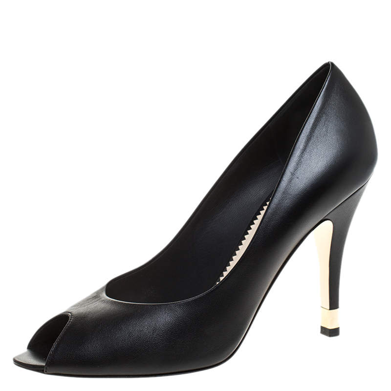 Pre Owned Chanel Black Leather Peep Toe CC Heel Pumps Size 38