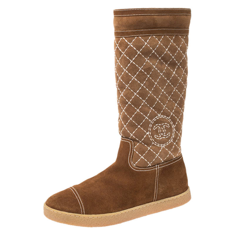 Chanel Brown Quilted Suede Mid Calf Boots Size 40.5