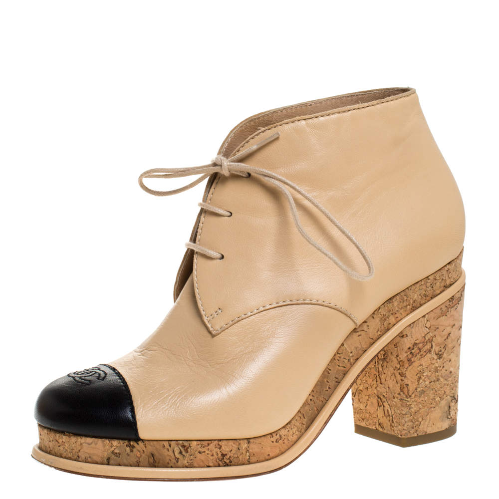 Chanel Beige/Black Leather CC Cap Toe Lace Up Boots Size 37