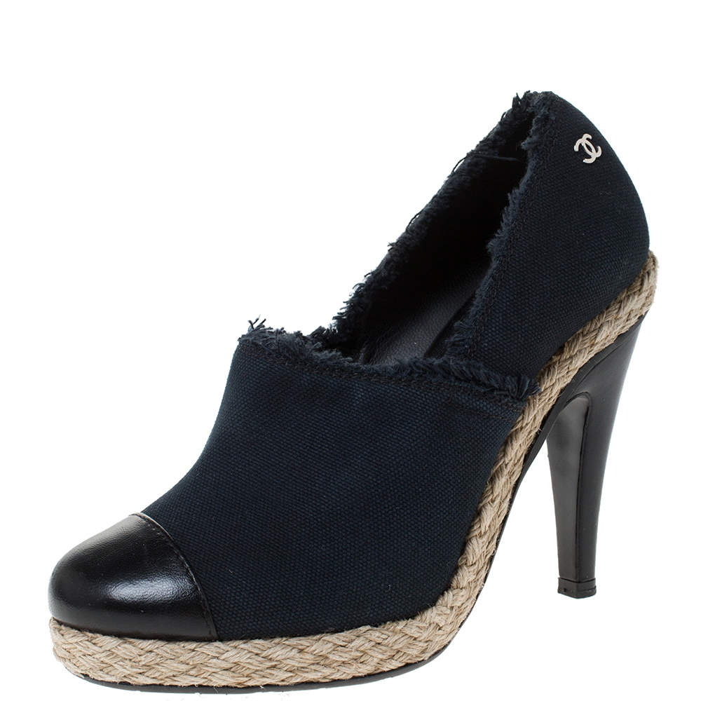 Chanel Navy Blue Canvas and Leather Cap Toe Espadrilles Clogs Size 36 Chanel The Luxury Closet