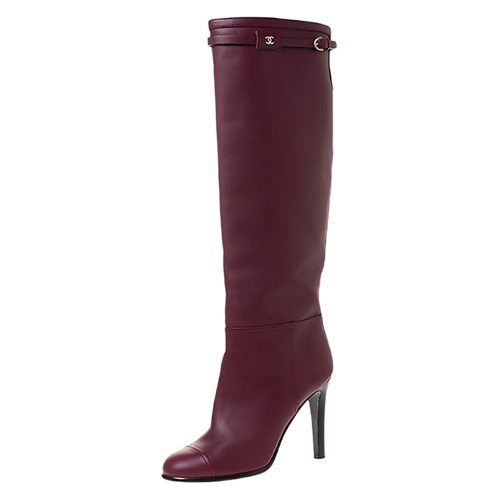 Chanel Maroon Leather Knee Length Boots Size 40
