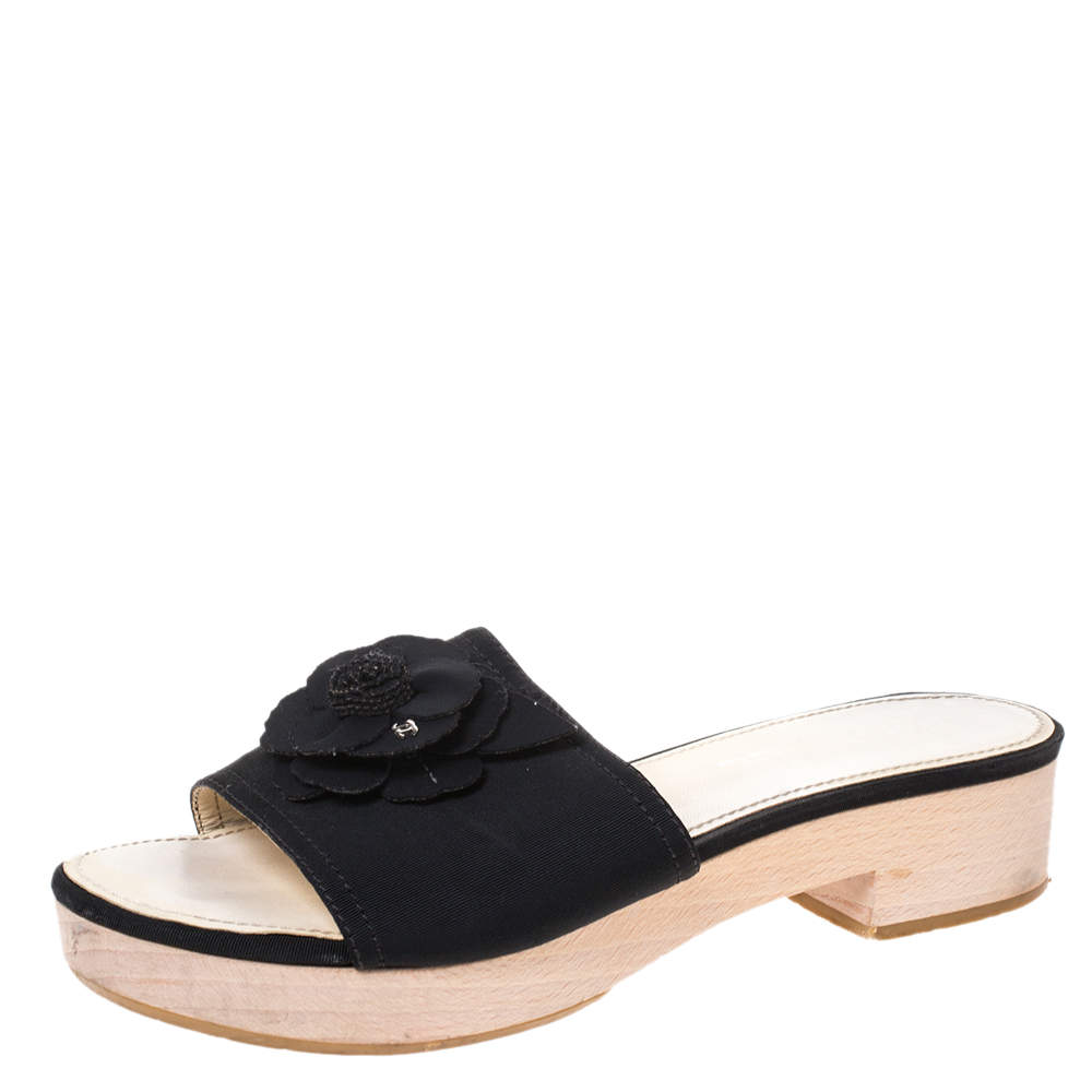 Chanel Black Canvas Camellia Wooden Platform Sandals Size 39
