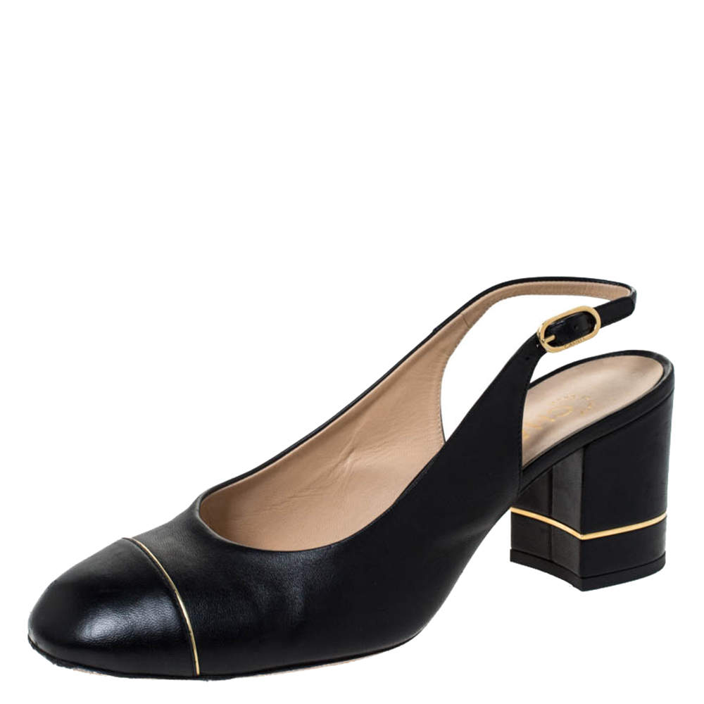 Chanel Black/Gold Leather Slingback Sandals Size 40