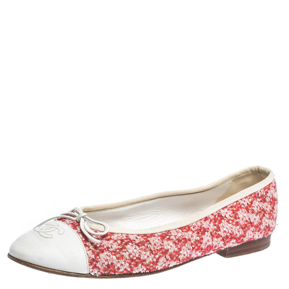 Chanel Red/White Sequin Tweed And Leather Cap Toe CC Bow Ballet Flats Size 38