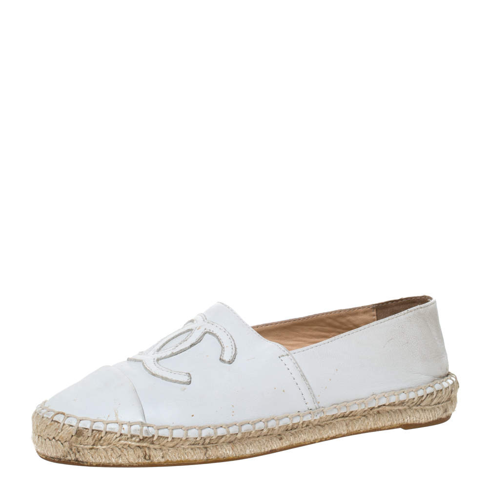 Chanel White Leather Slip On CC Espadrilles Size 37 Chanel | TLC