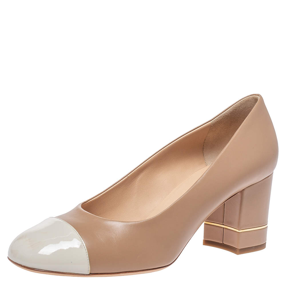 Chanel Beige Leather And White Patent Cap Toe Block Heel Pumps Size 41 ...