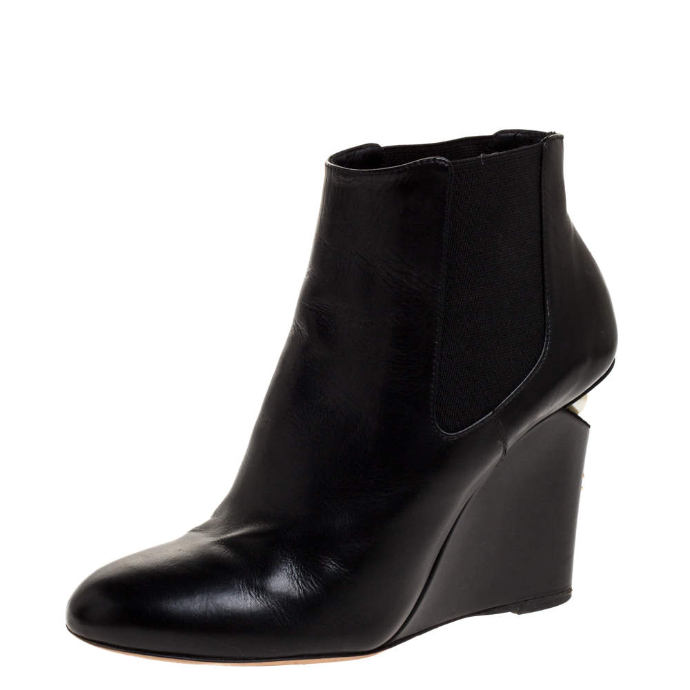 Chanel Black Leather Round Toe Pearl Embellished CC Wedge Boots Size 35.5