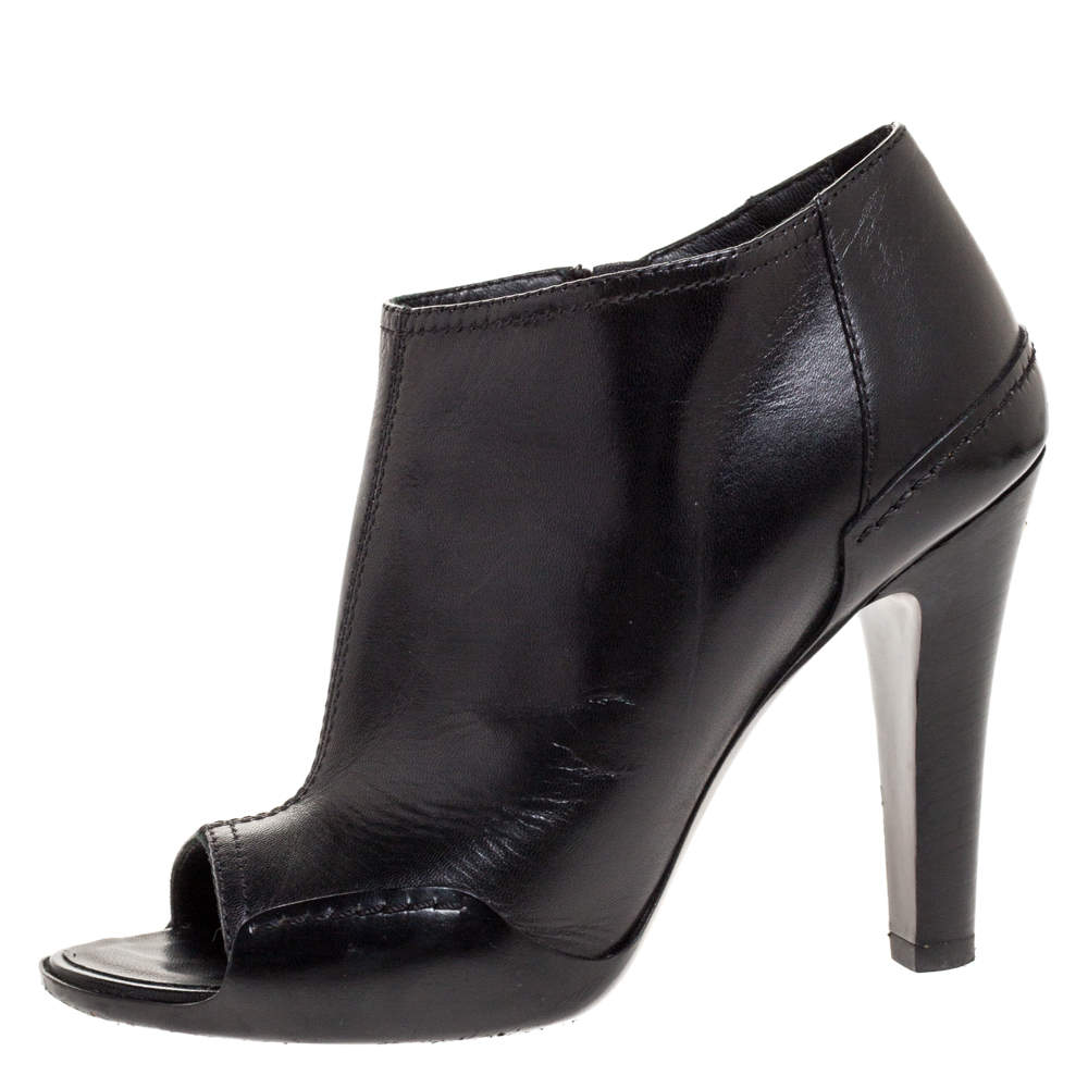 Chanel Black Leather Open Toe CC Heel Ankle Booties Size 35.5