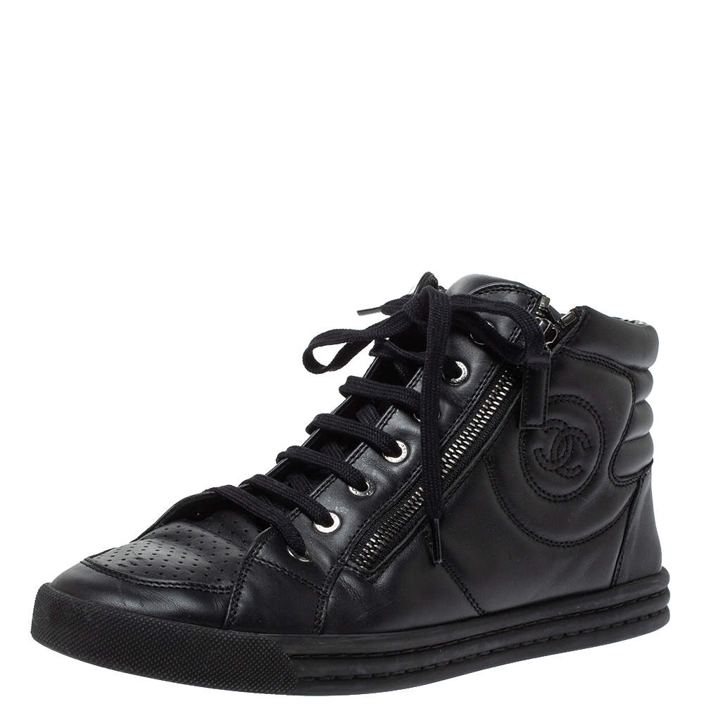 Chanel Black Leather Double Zip CC High Top Sneakers Size 40
