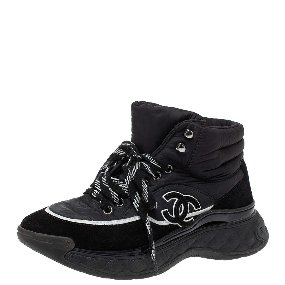 CHANEL Black Nylon and Suede High Top Lace Up Sneakers now shoes winter  shoes 