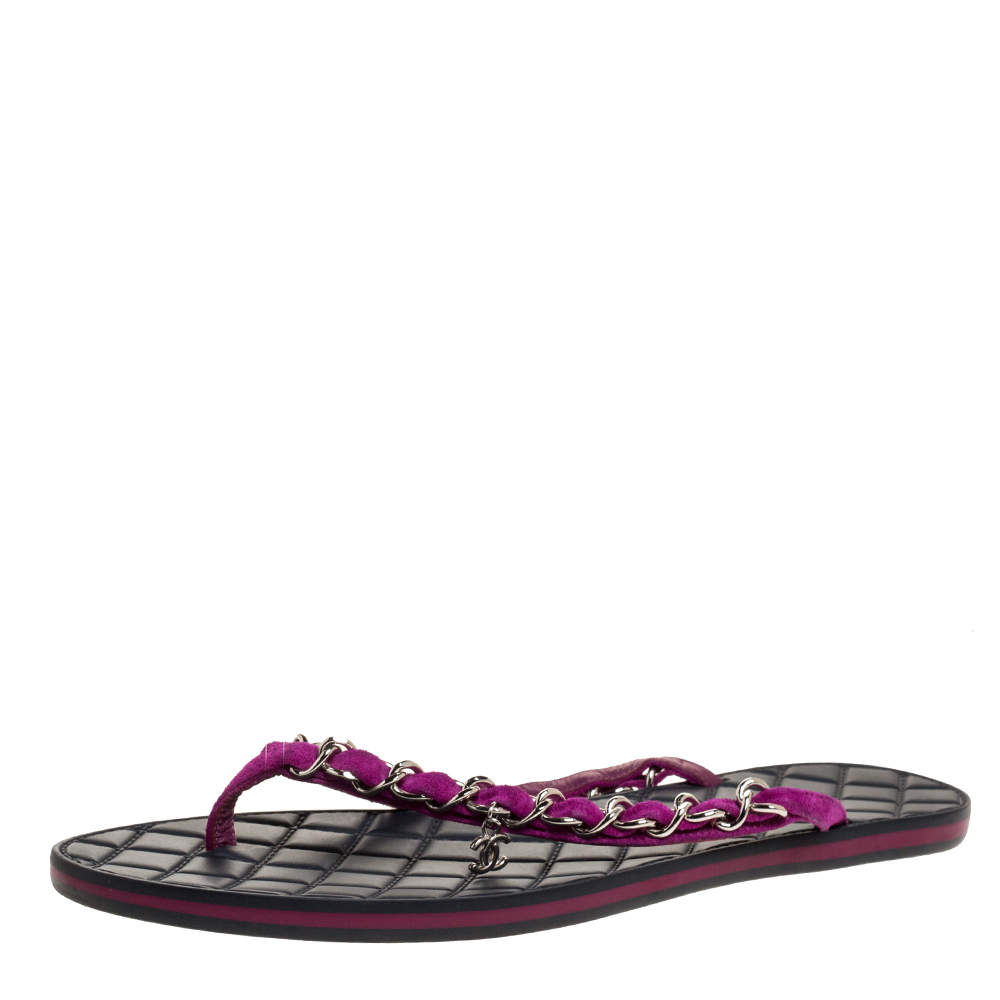 Pre Owned Chanel Purple Suede Chain Link Thong Sandals Size 40.5