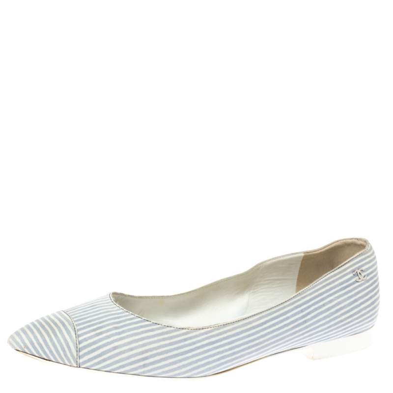 Chanel White/Light Blue Striped Leather Pointed Ballet Flats Size 39.5