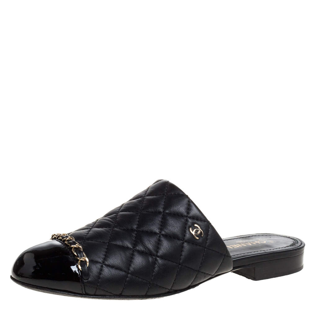 Chanel Black Quilted Leather Cap Toe Chain Mules Size 37