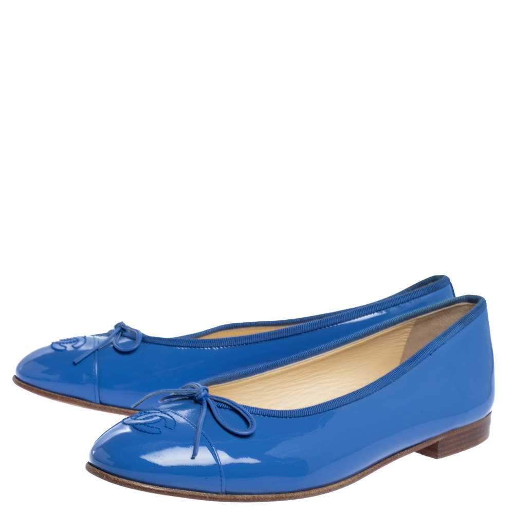 Chanel Blue Patent Leather CC Bow Ballet Flats Size 39.5