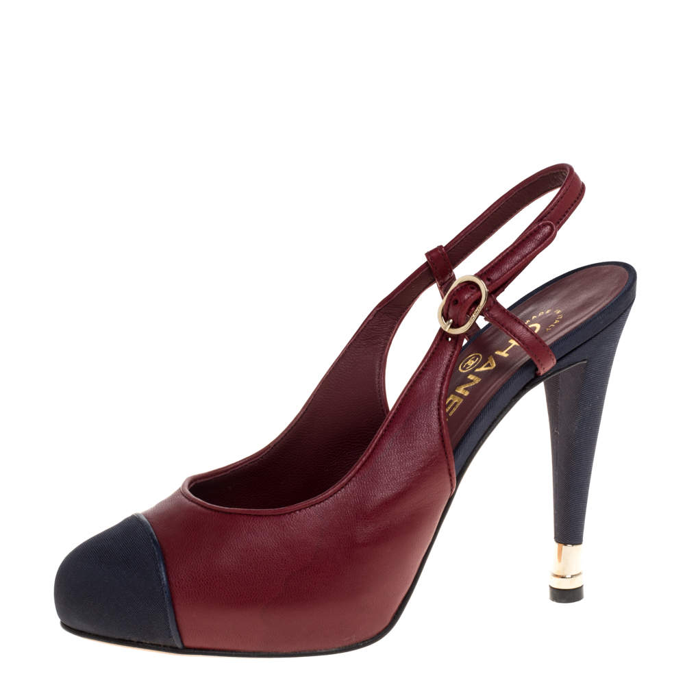 Pre Owned Chanel Burgundy Leather And Blue Canvas Cap Toe Platform Slingback Sandals Size 39
