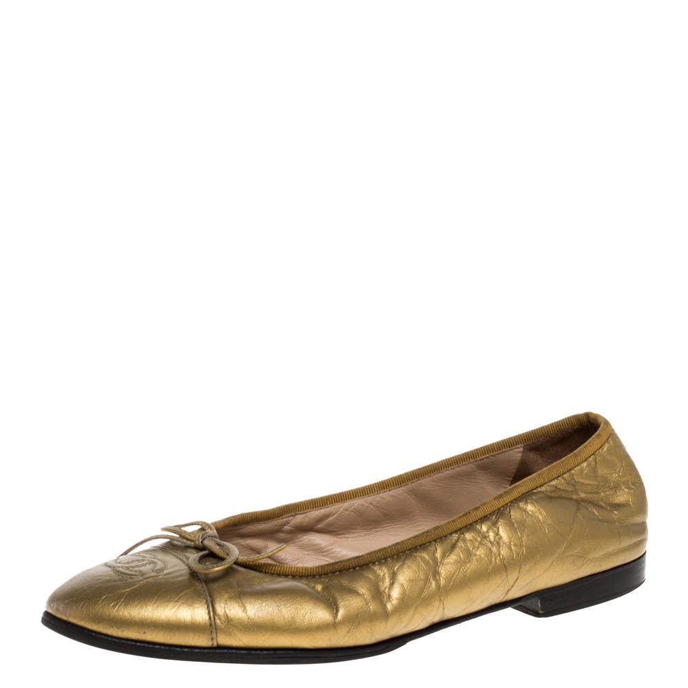 Chanel Metallic Gold Crinkled Leather CC Bow Cap Toe Ballet Flats Size ...