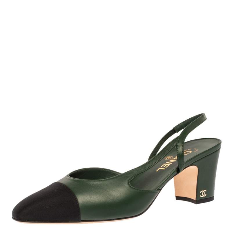 Pre Owned Chanel Green Leather And Black Canvas Cap Toe CC Slingback Sandals Size 41.5