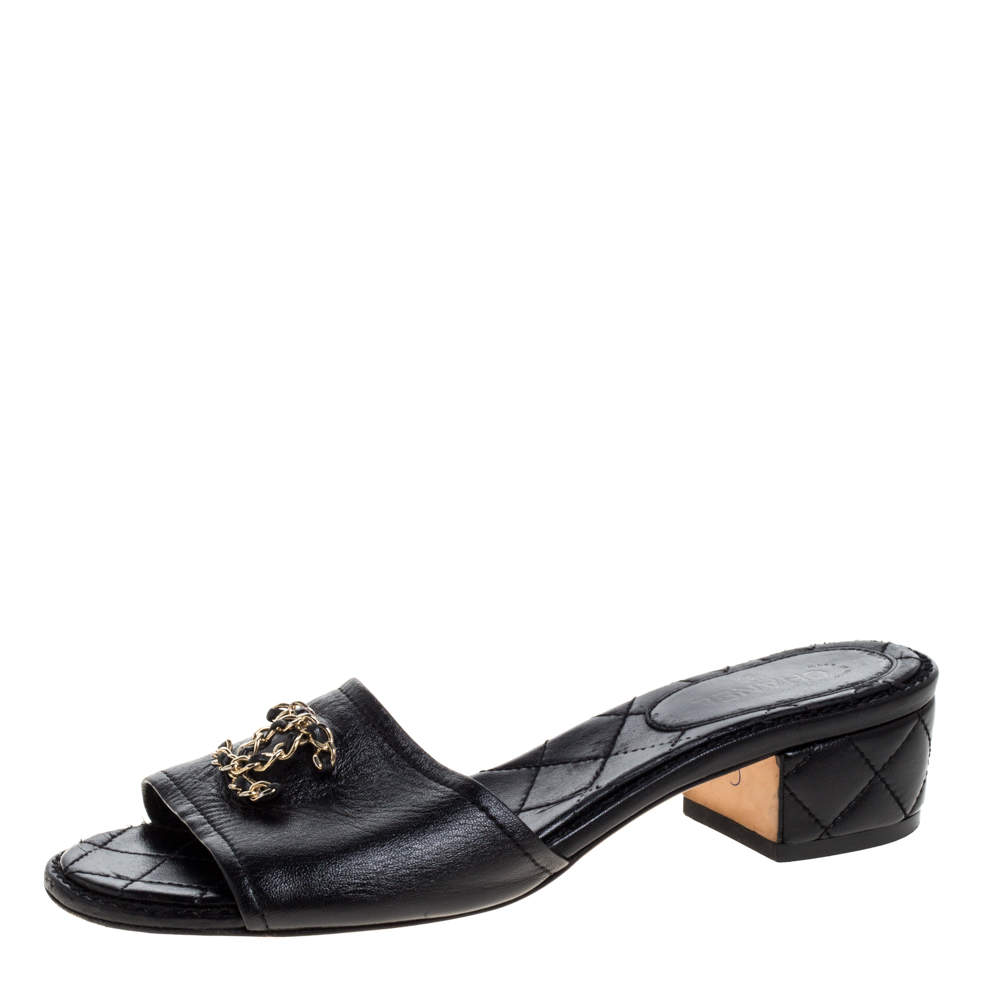 Chanel Black Quilted Leather Block Heel CC Slides Size 37.5