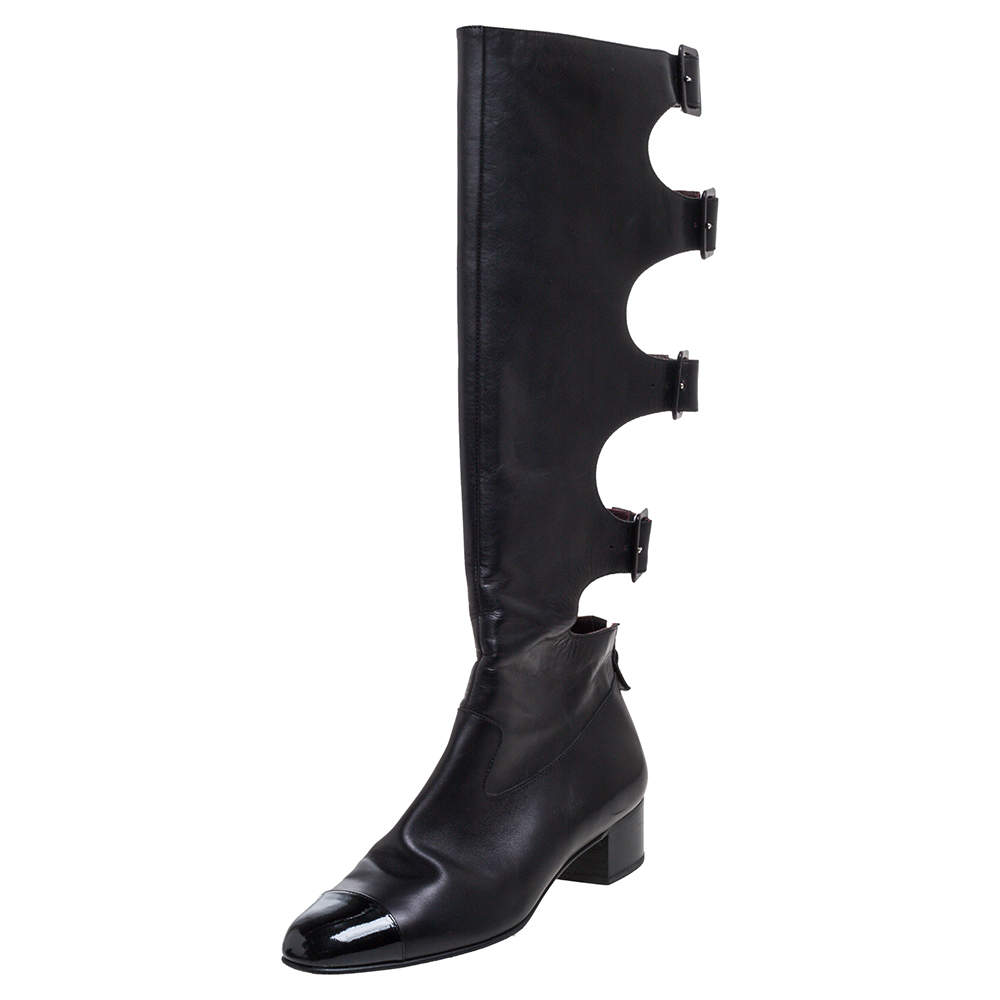 Chanel Black Leather Cut Out Cap Toe Knee High Boots Size 41.5