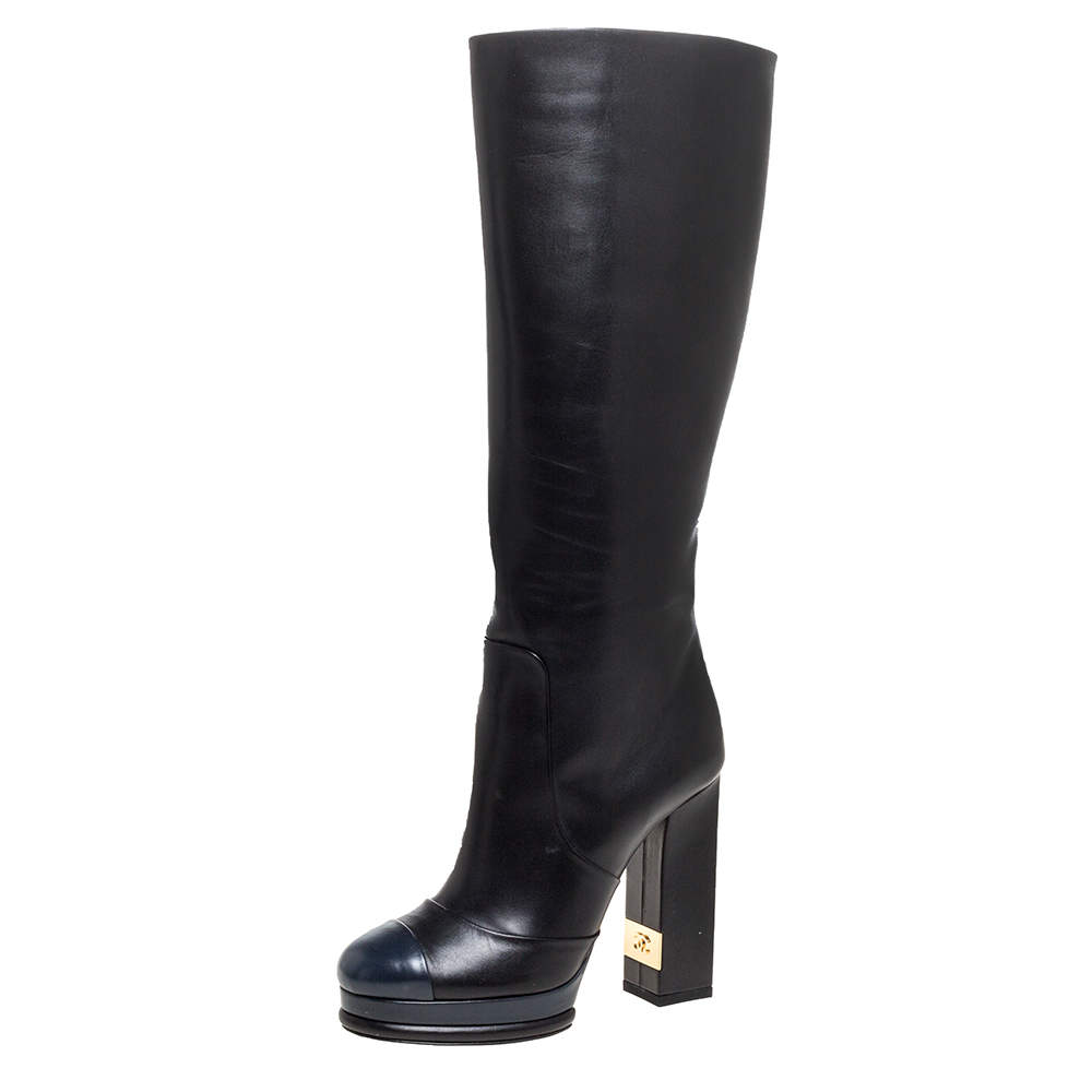 Chanel Black/Navy Blue Leather CC Knee Cap Toe Length Boots Size 35.5