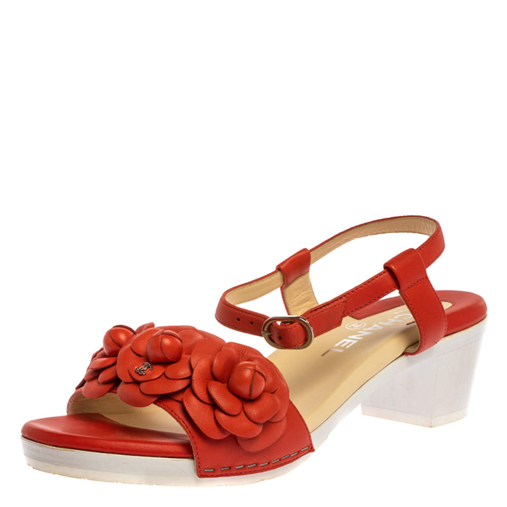 Pre Owned Chanel Orange Leather Camellia Ankle Strap Sandals Size 38