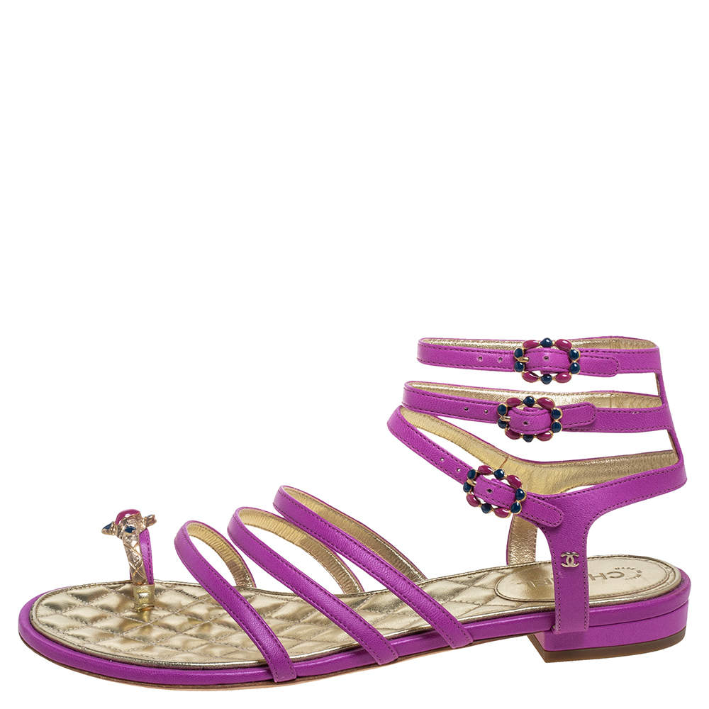Chanel Purple Leather Embellished Toe Ring Gladiator Flat Sandals Size 38
