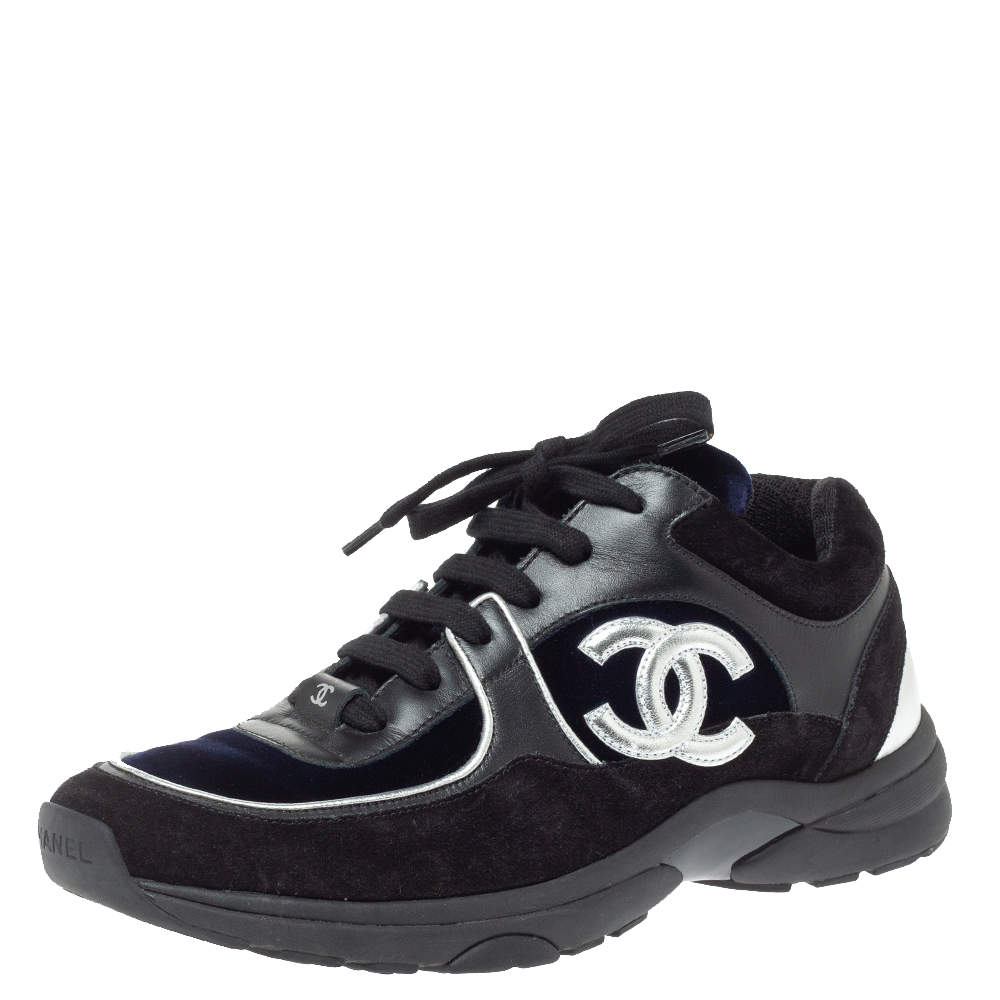 Chanel Black/Blue Leather, Suede And Velvet CC Low Top Sneakers Size 39