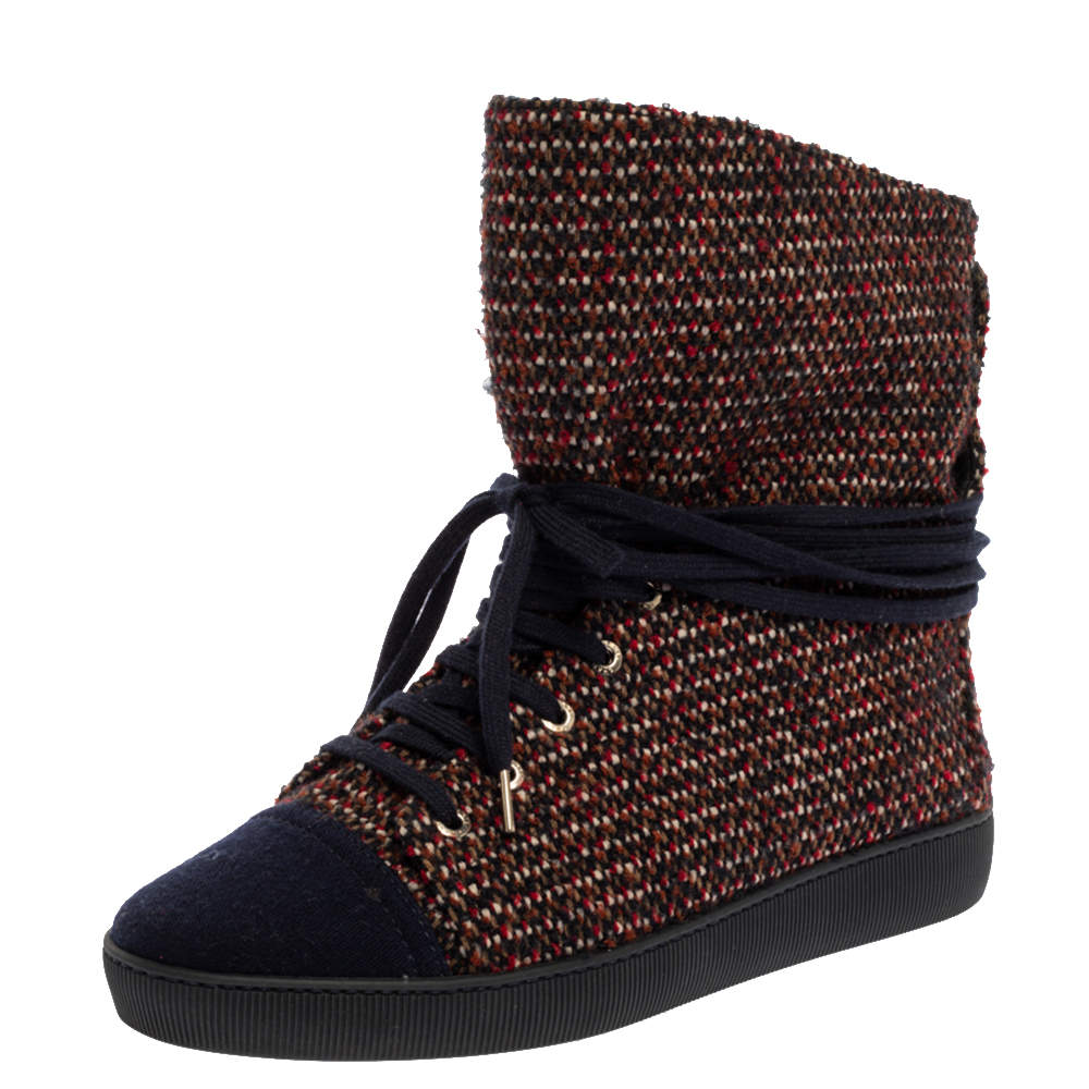 Chanel Multicolor Tweed Fabric Lace Up Ankle Boots Size 39