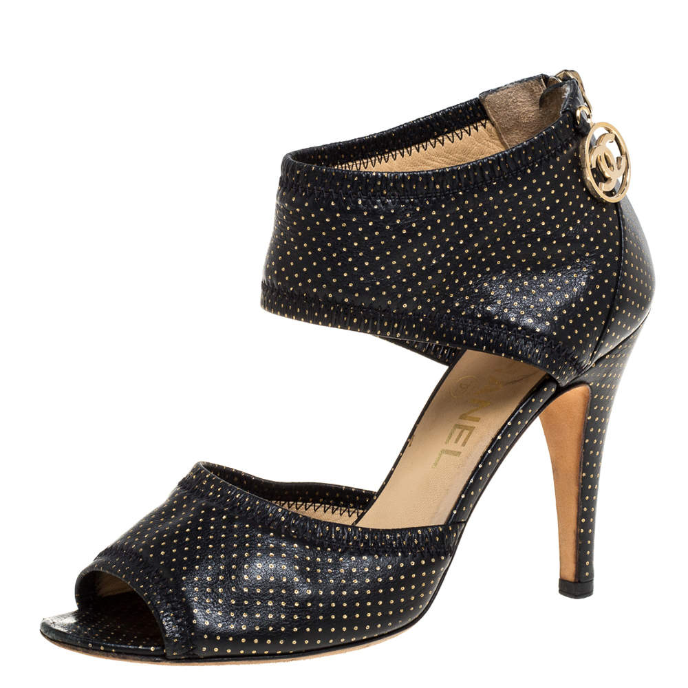 Chanel Black Leather Metallic Polka Dot Peep Toe Sandals Size 36 