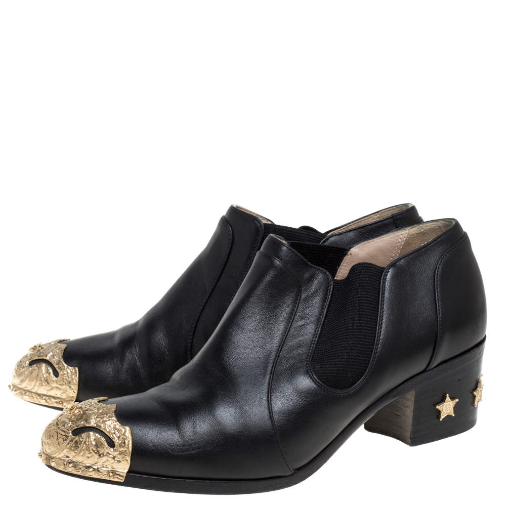 Chanel Black Leather Paris Dallas Ankle Length Boots Size 38