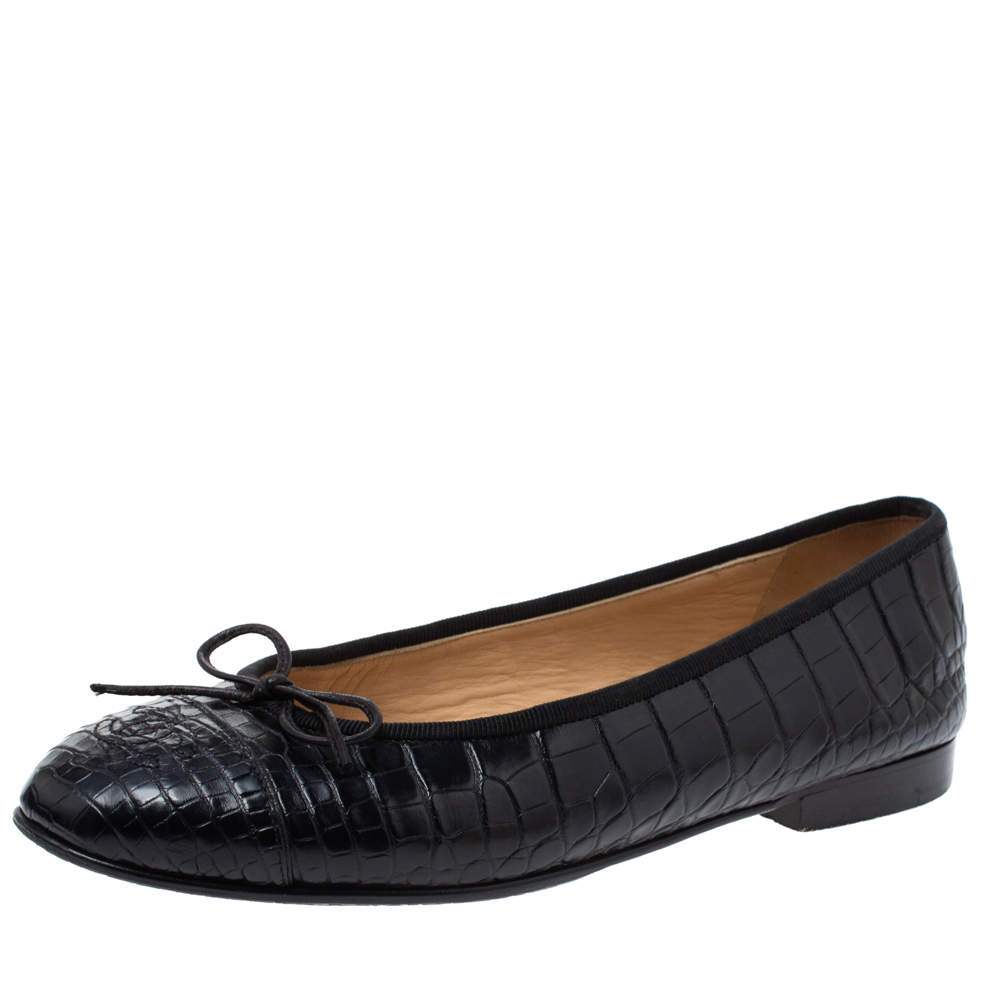Chanel Black Crocodile CC Bow Cap Toe Ballet Flats Size 38.5