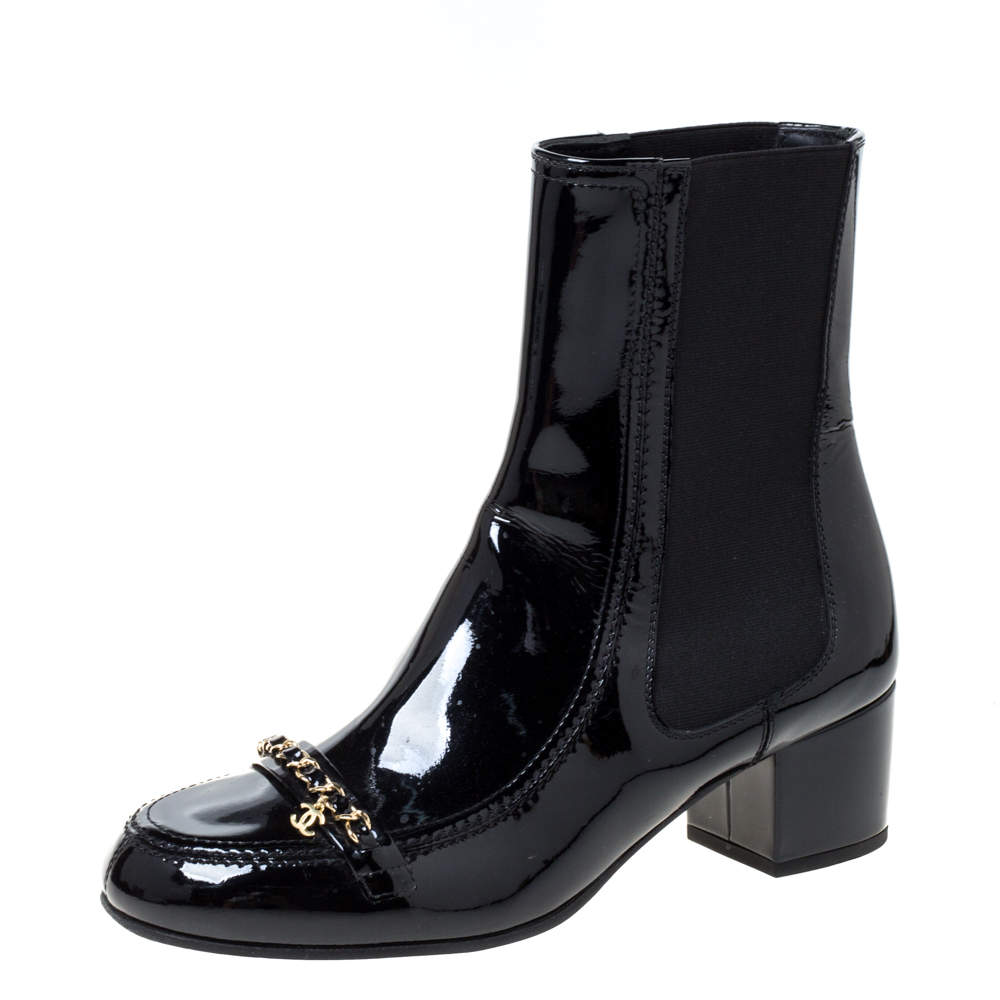 Chanel Black Patent Leather Chain Detail Mid Length Boots Size 41