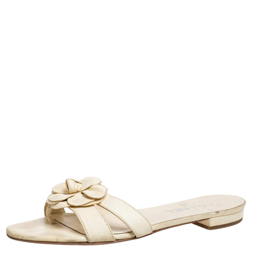Chanel Beige Leather Camellia Open Toe Slide Sandals Size 37