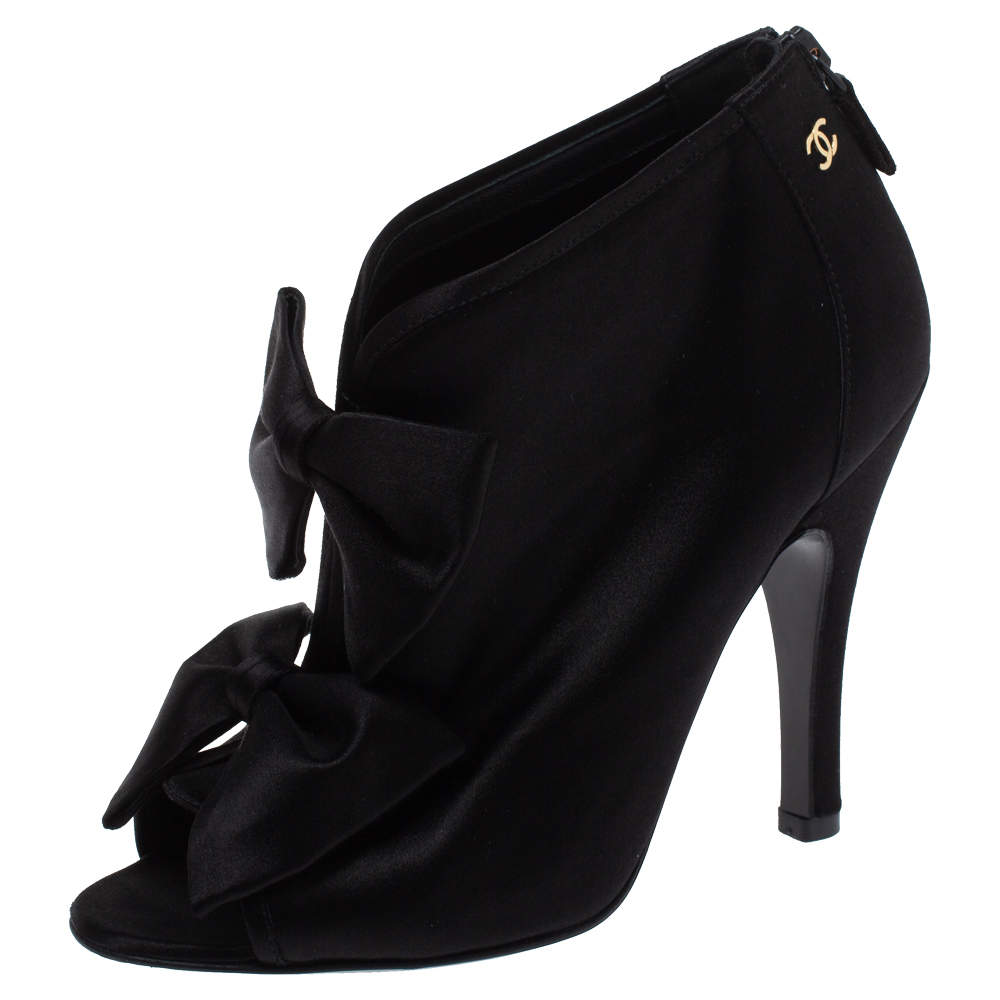 Chanel Black Satin CC Bow Peep Toe Booties Size 36 Chanel | TLC
