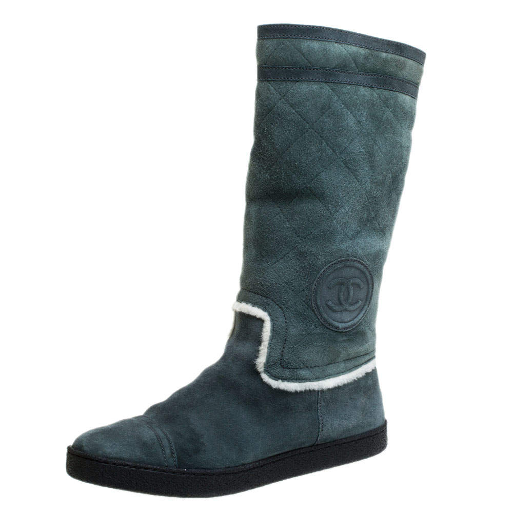 Chanel Teal Blue Suede Shearling Quilted CC Boots Size 39.5