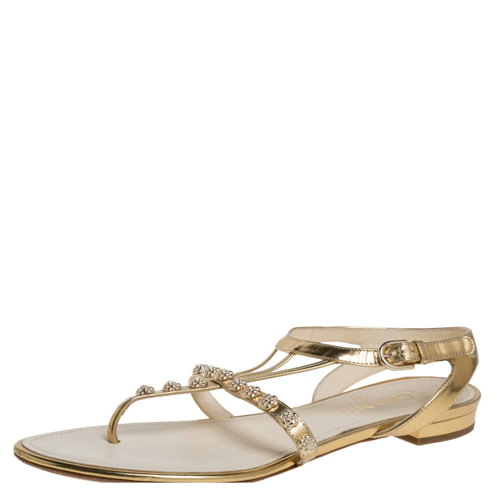 Pre Owned Chanel Gold Leather CC Camellia Thong Sandals Size 39.5