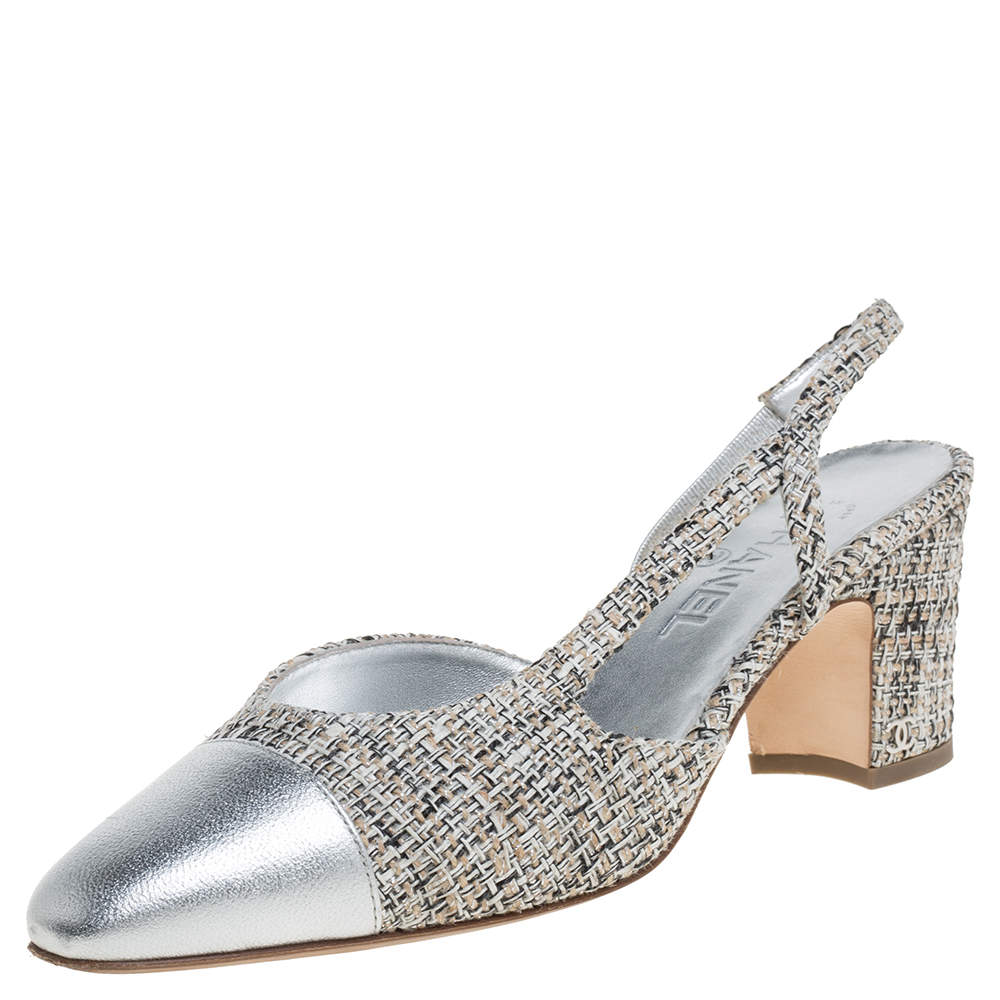 Chanel Silver Leather And Tweed Fabric CC Block Heel Slingback Sandals ...