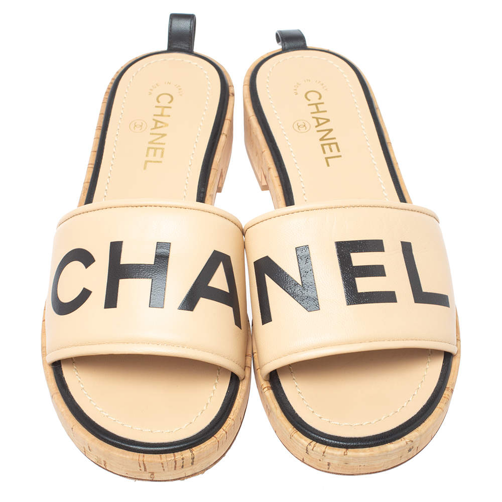 Chanel Beige Leather Logo Cork Slides Size 41 Chanel
