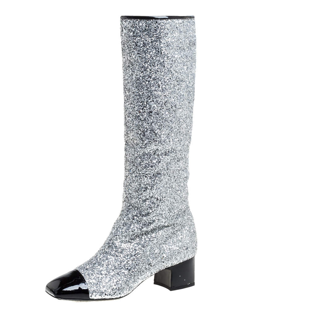 Chanel Silver Glitter Fantasy Knee Boots Size 41C