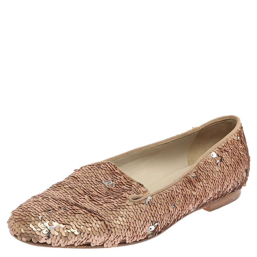 Chanel Rose Gold Sequin CC Smoking Slipper Loafers Size 37