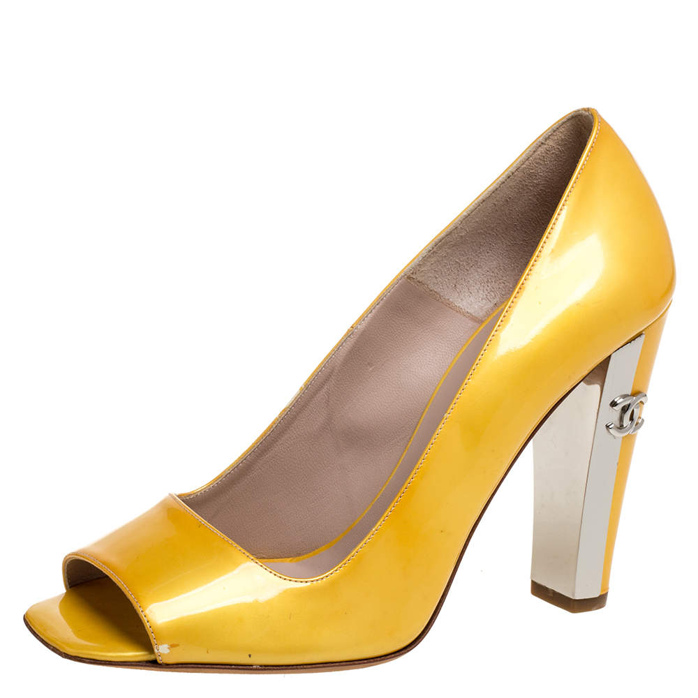 Chanel Yellow Patent Leather Open Toe CC Pumps Size 38