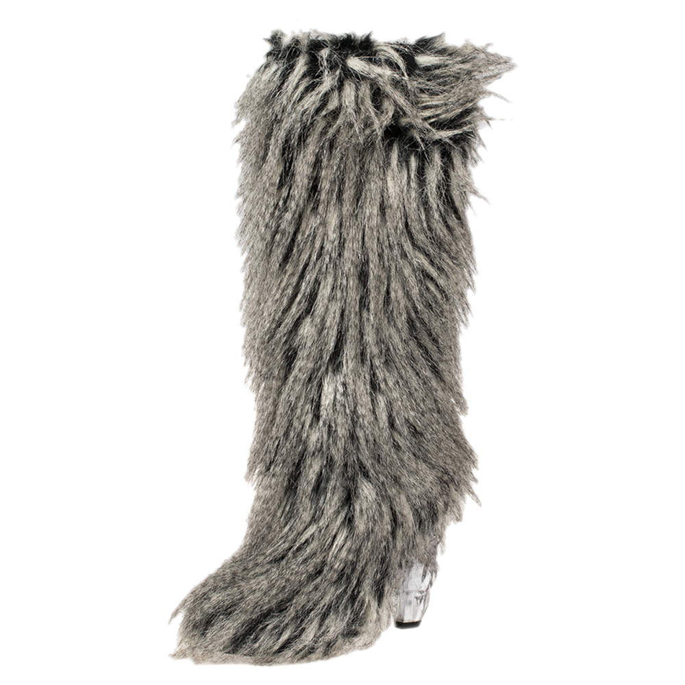 Chanel Grey Faux Fur Yeti Boots Size 38.5