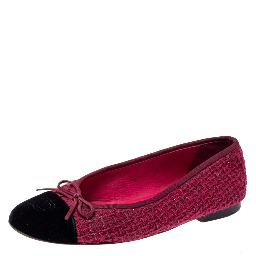 Chanel Fuchsia/Black Tweed and Velvet Bow CC Cap Toe Ballet Flats Size 38.5