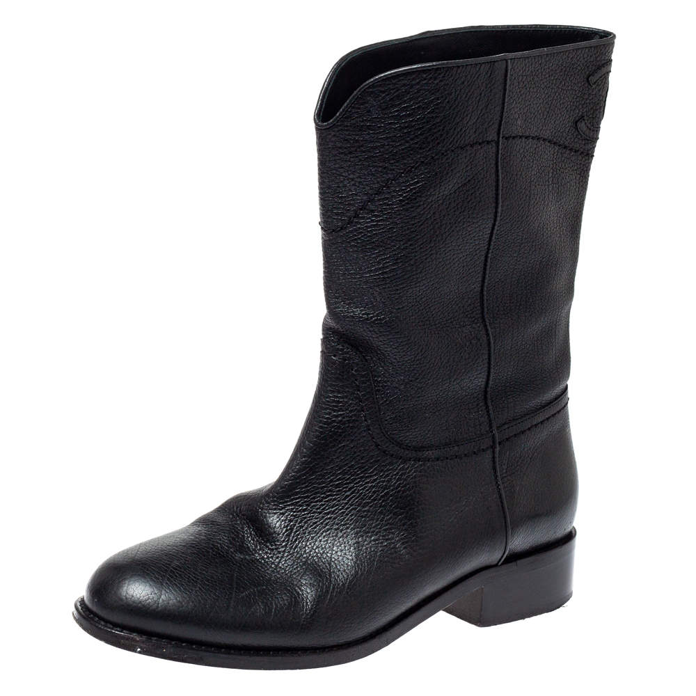 Chanel Black Leather CC Mid Length Boots Size 38