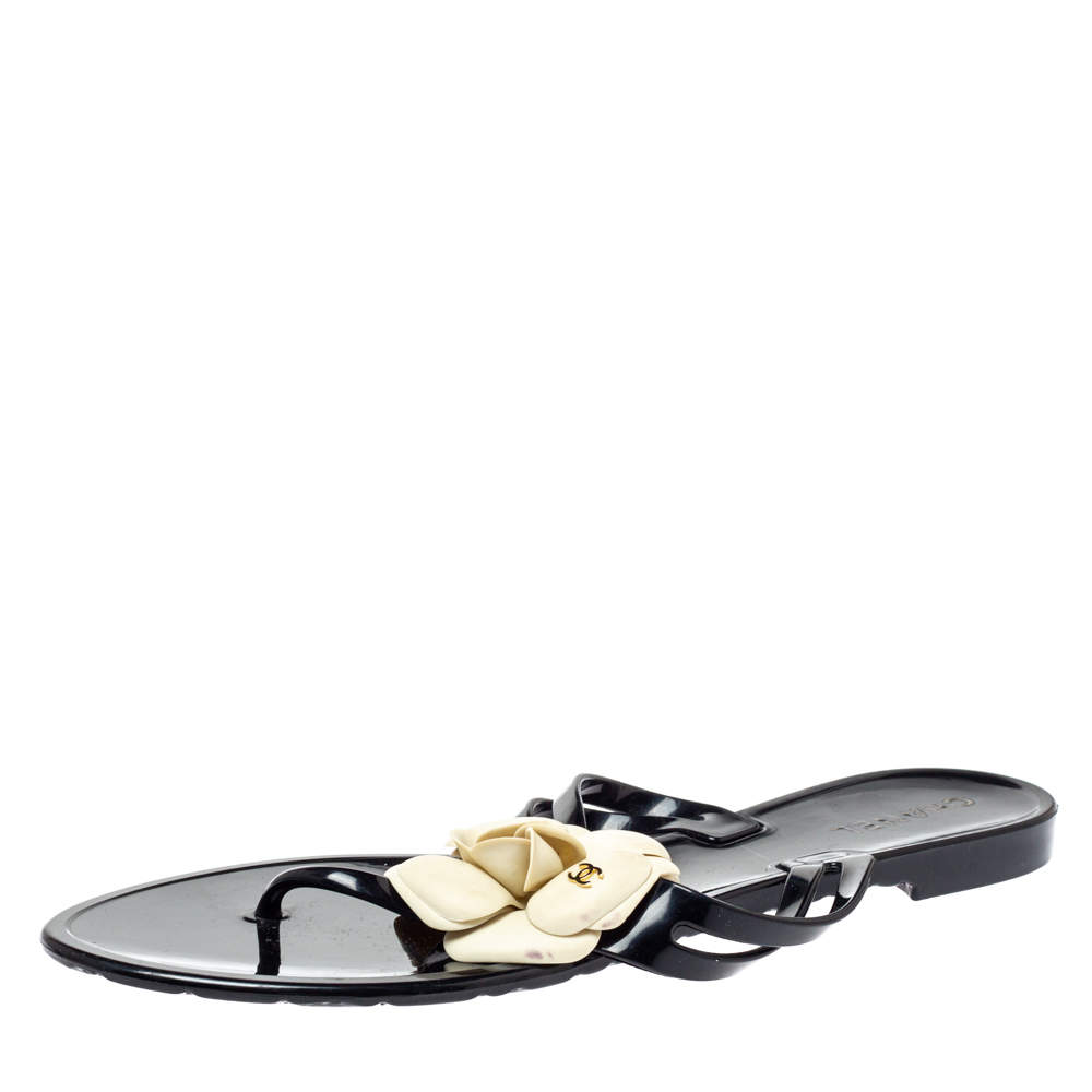 Chanel Black/White Camellia Flower Jelly Quilted Thong Sandals Size 41