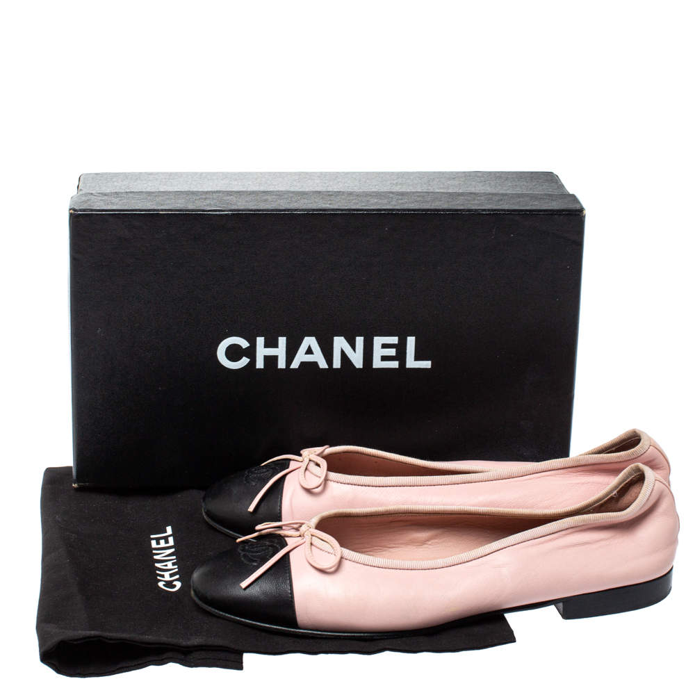 Chanel Pink/Black Leather Bow CC Cap Toe Ballet Flats Size 38