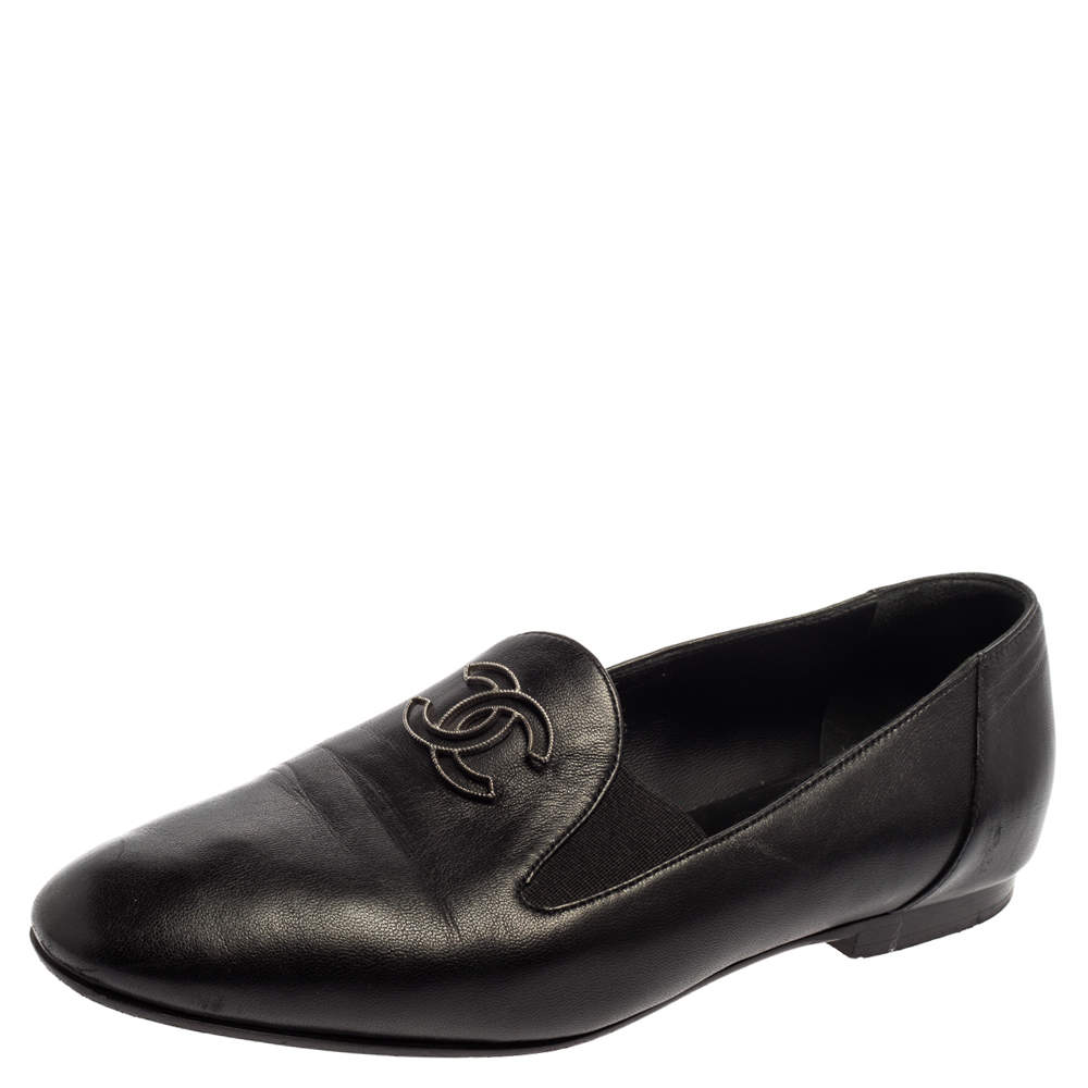 Chanel Black Leather CC Slip On Loafers Size 35.5