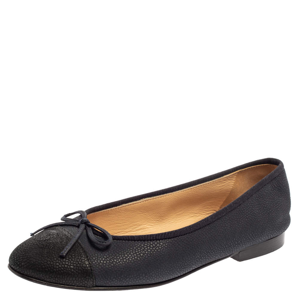 Chanel Blue/Black Leather CC Cap Toe Bow Ballet Flats Size 37.5