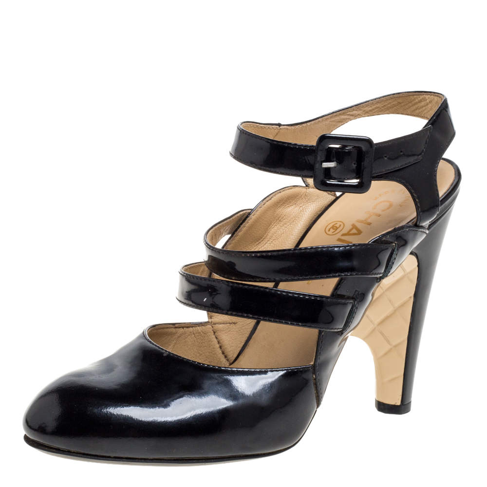 مملوكة مسبقًا Chanel Black Leather Strappy Ankle Strap Wedge Heel Slingback Sandals Size 38